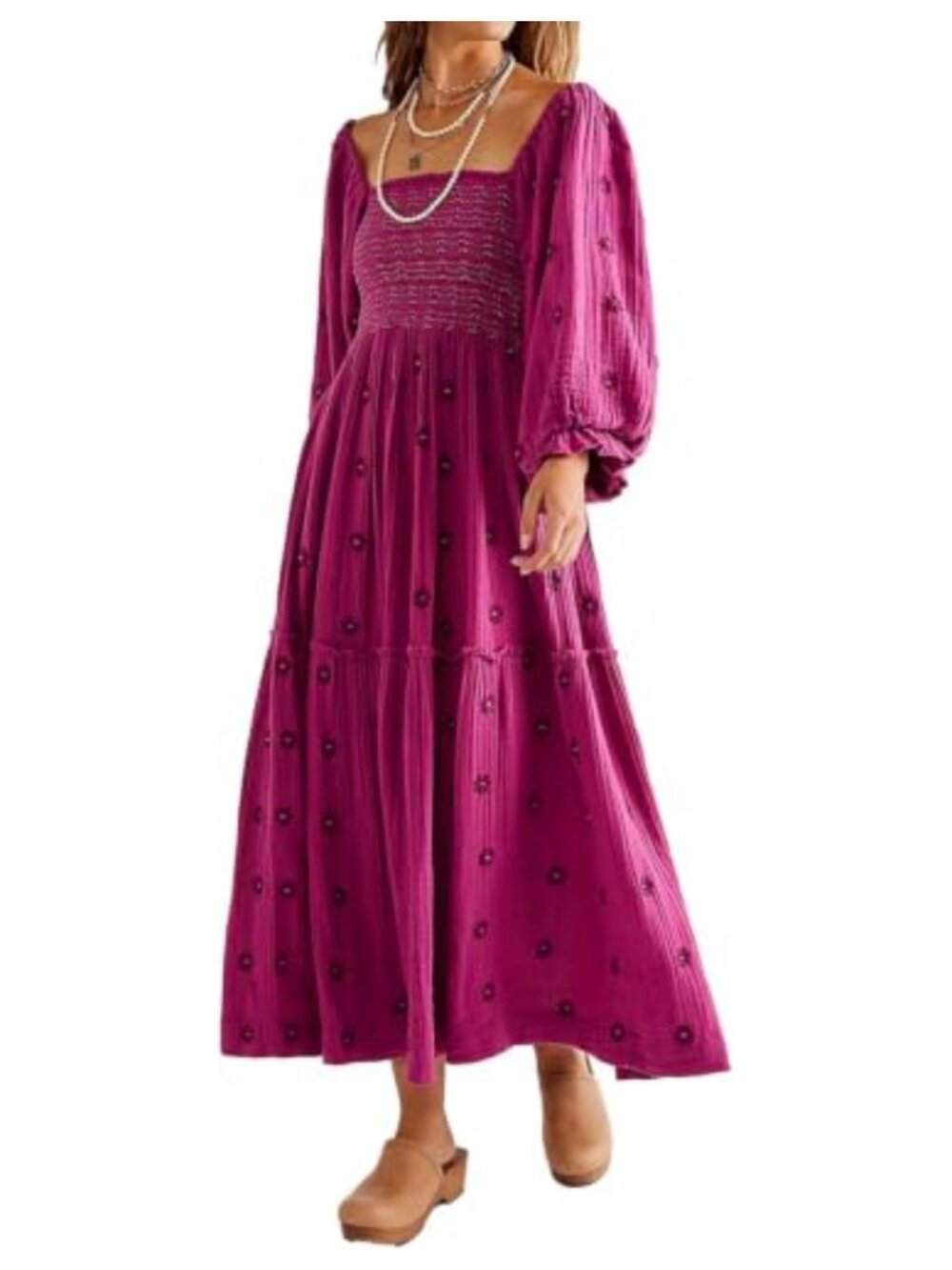 Women's Cotton Floral Embroidered Square Neck Long Sleeve Midi Dress